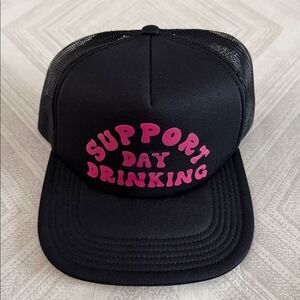 Black Foam Trucker Hat “Support Day Drinking” Pink Graphic Snapback Mesh